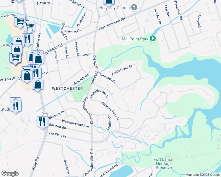 map of restaurants, bars, coffee shops, grocery stores, and more near 1445 Swamp Angel Court in Charleston