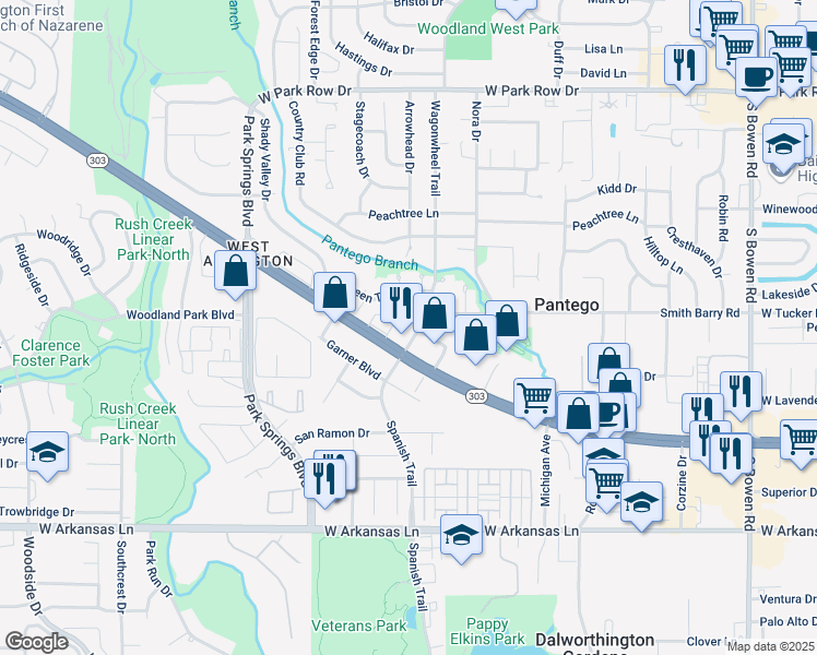 map of restaurants, bars, coffee shops, grocery stores, and more near 3605 Smith Barry Road in Pantego