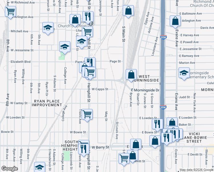 map of restaurants, bars, coffee shops, grocery stores, and more near 2621 May Street in Fort Worth