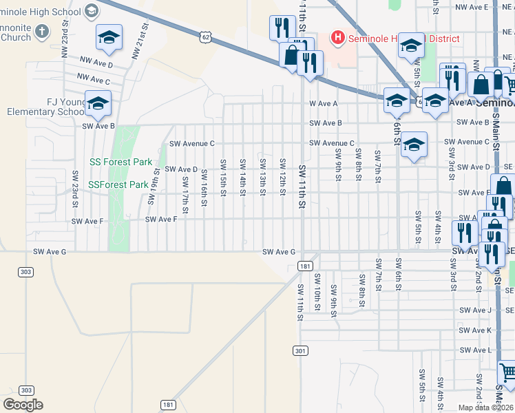 map of restaurants, bars, coffee shops, grocery stores, and more near 504 Southwest 13th Street in Seminole