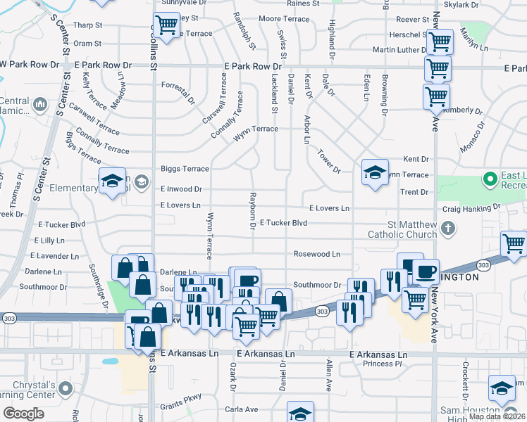 map of restaurants, bars, coffee shops, grocery stores, and more near 1308 East Lovers Lane in Arlington