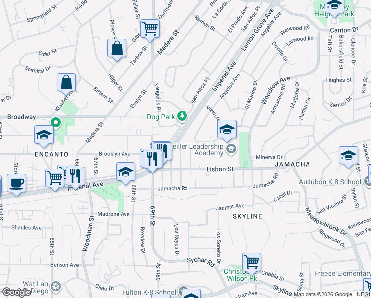 map of restaurants, bars, coffee shops, grocery stores, and more near 775 Pidgeon Street in San Diego