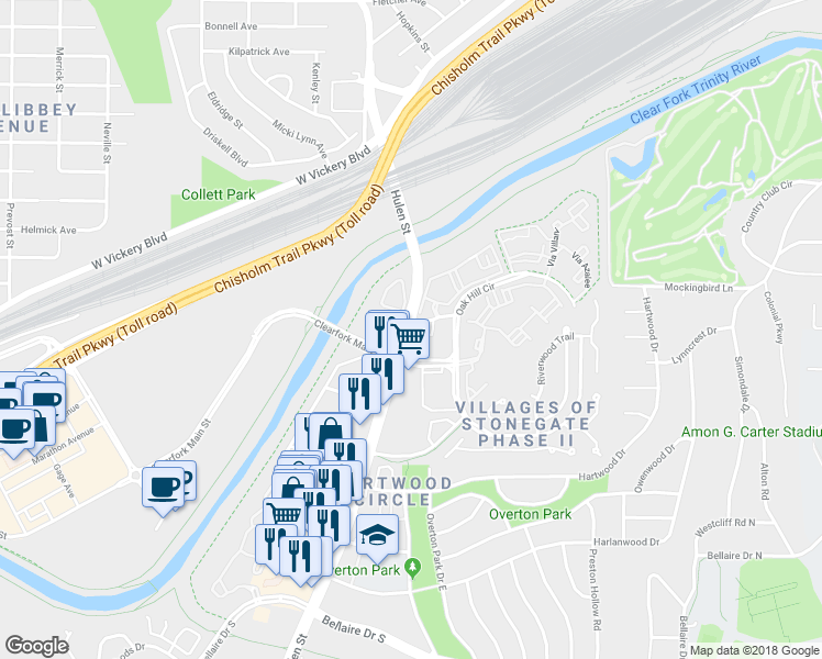 map of restaurants, bars, coffee shops, grocery stores, and more near 2601 South Hulen Street in Fort Worth