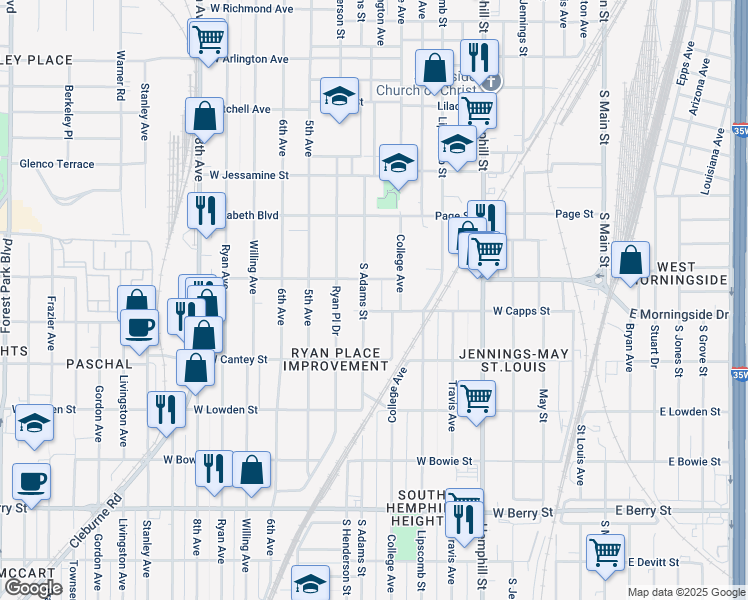 map of restaurants, bars, coffee shops, grocery stores, and more near 2619 South Adams Street in Fort Worth