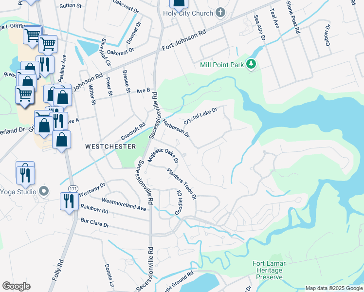 map of restaurants, bars, coffee shops, grocery stores, and more near 1445 Swamp Angel Court in Charleston