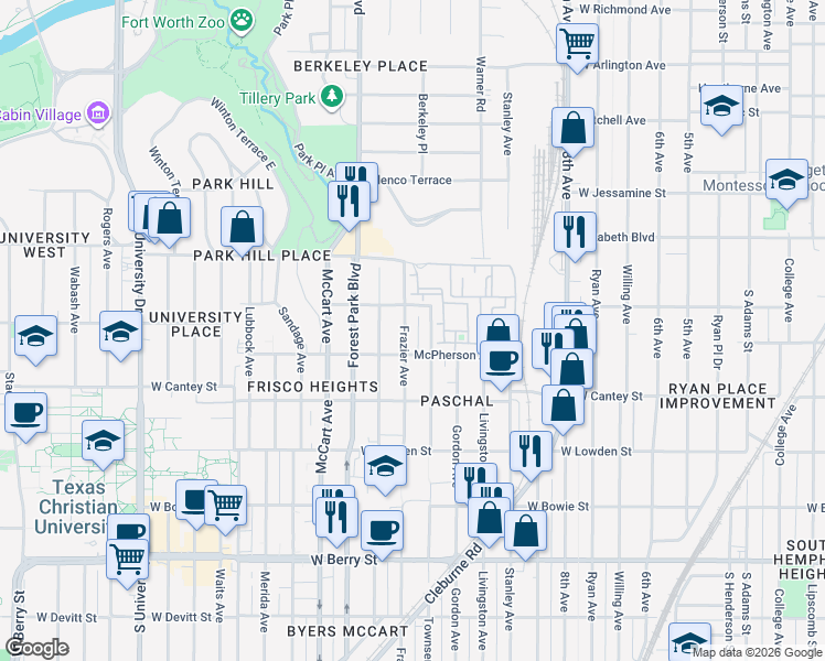 map of restaurants, bars, coffee shops, grocery stores, and more near 2621 Frazier Ave in Fort Worth