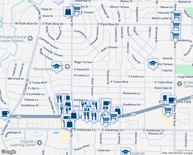 map of restaurants, bars, coffee shops, grocery stores, and more near 1104 East Lovers Lane in Arlington