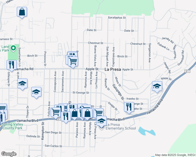 map of restaurants, bars, coffee shops, grocery stores, and more near 905 La Presa Avenue in Spring Valley