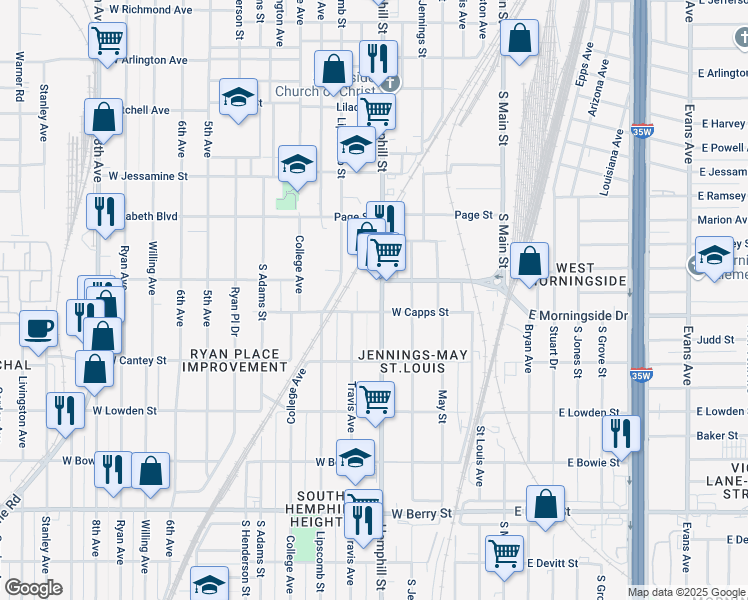map of restaurants, bars, coffee shops, grocery stores, and more near 2620 Hemphill St in Fort Worth