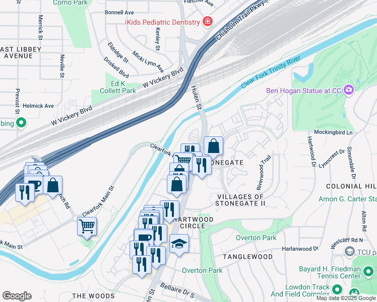 map of restaurants, bars, coffee shops, grocery stores, and more near 2698 South Hulen Street in Fort Worth