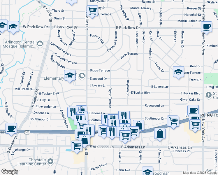 map of restaurants, bars, coffee shops, grocery stores, and more near 1104 East Lovers Lane in Arlington