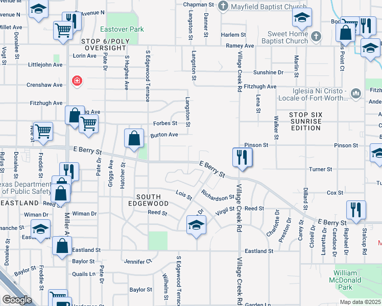 map of restaurants, bars, coffee shops, grocery stores, and more near 3109 Sirron Street in Fort Worth