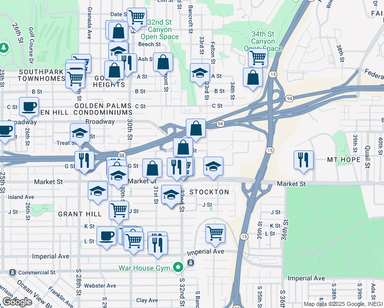 map of restaurants, bars, coffee shops, grocery stores, and more near 3235 F Street in San Diego