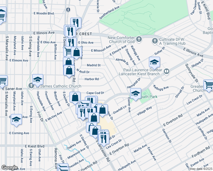 map of restaurants, bars, coffee shops, grocery stores, and more near 1590 Sutter Street in Dallas