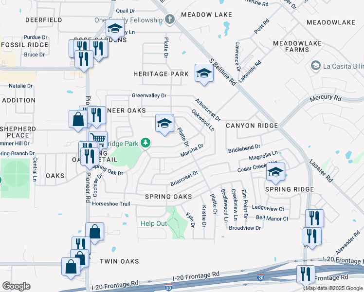map of restaurants, bars, coffee shops, grocery stores, and more near 14428 Spring Oak Drive in Balch Springs