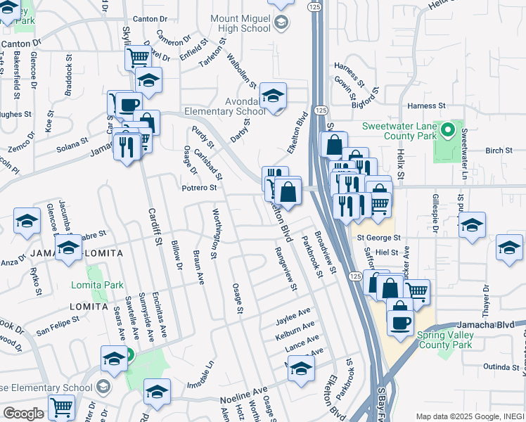 map of restaurants, bars, coffee shops, grocery stores, and more near 1051 Woodhaven Drive in Spring Valley