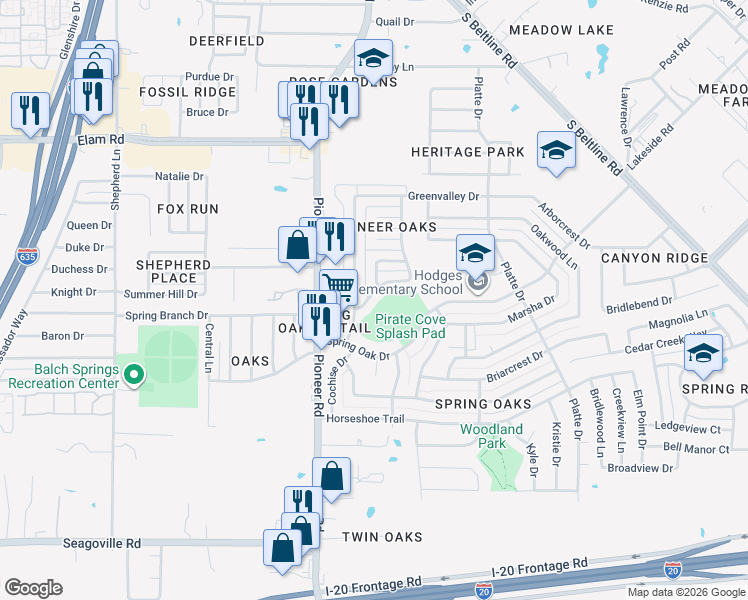 map of restaurants, bars, coffee shops, grocery stores, and more near 13116 Rustic Trail in Balch Springs