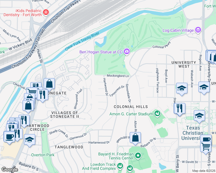 map of restaurants, bars, coffee shops, grocery stores, and more near 2625 Hartwood Drive in Fort Worth