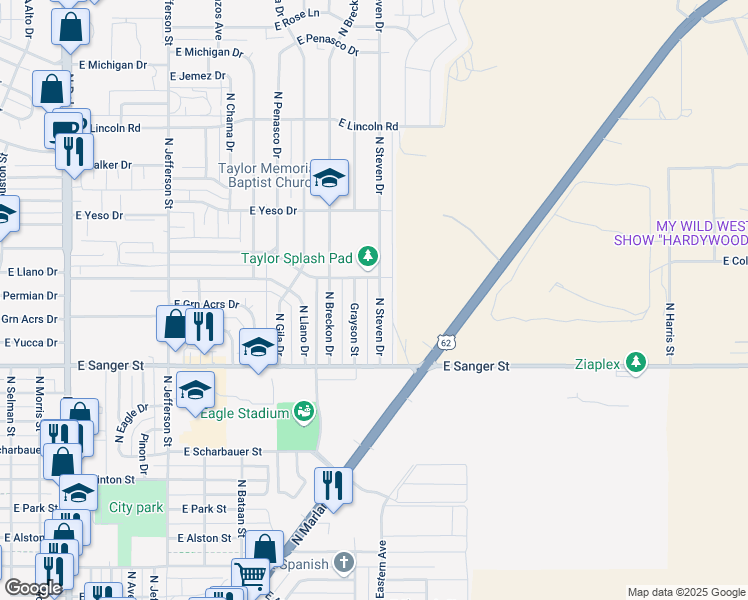 map of restaurants, bars, coffee shops, grocery stores, and more near 1309 North Steven Drive in Hobbs