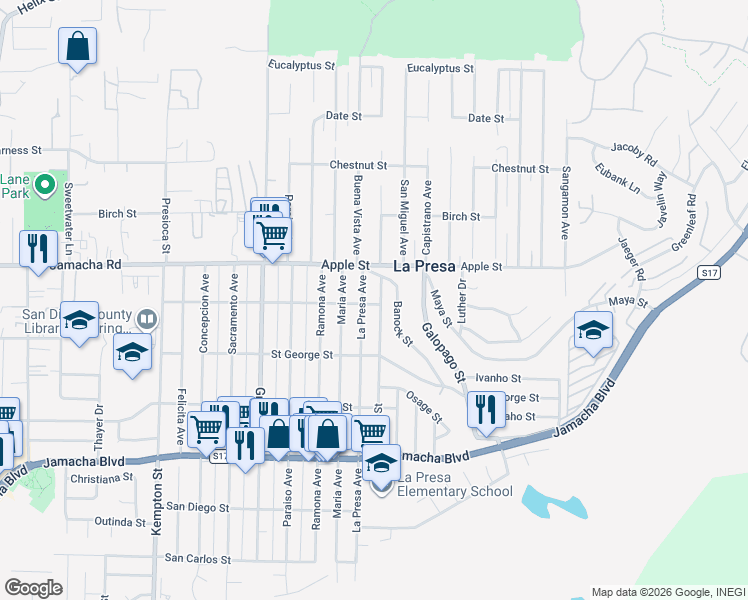 map of restaurants, bars, coffee shops, grocery stores, and more near 908 Pecos Street in Spring Valley