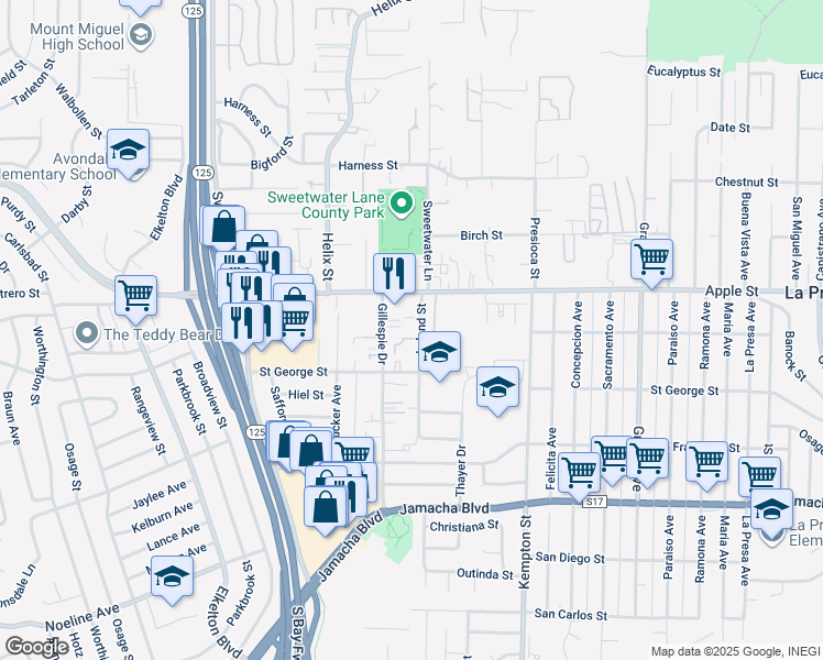 map of restaurants, bars, coffee shops, grocery stores, and more near 1050 Leland Street in Spring Valley