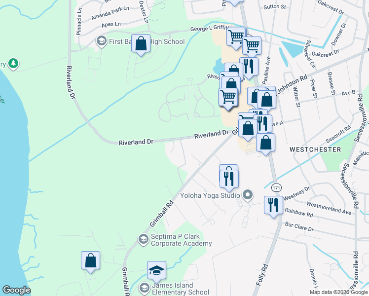 map of restaurants, bars, coffee shops, grocery stores, and more near 1325 Samson Road in Charleston