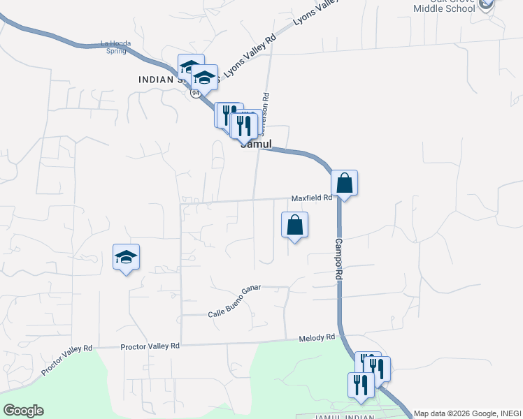 map of restaurants, bars, coffee shops, grocery stores, and more near 13907 Maxfield Road in Jamul
