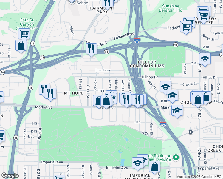 map of restaurants, bars, coffee shops, grocery stores, and more near 805 41st Street in San Diego