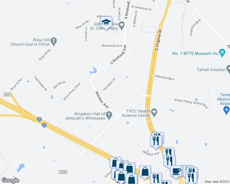 map of restaurants, bars, coffee shops, grocery stores, and more near 122 Hamilton Drive in Terrell