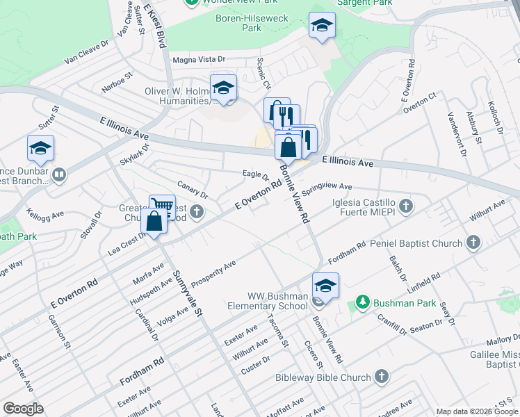 map of restaurants, bars, coffee shops, grocery stores, and more near 2836 East Overton Road in Dallas