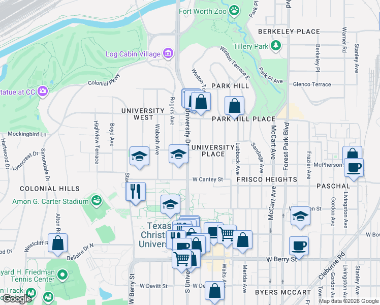 map of restaurants, bars, coffee shops, grocery stores, and more near in Fort Worth
