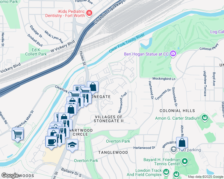 map of restaurants, bars, coffee shops, grocery stores, and more near 4100 Stonegate Boulevard in Fort Worth