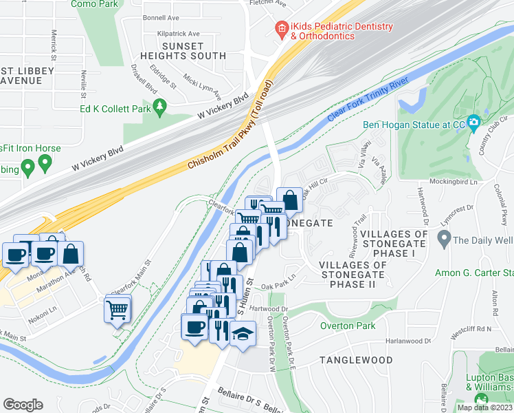 map of restaurants, bars, coffee shops, grocery stores, and more near 2698 South Hulen Street in Fort Worth