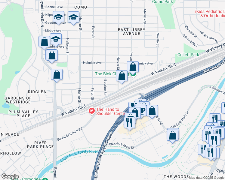 map of restaurants, bars, coffee shops, grocery stores, and more near 5428 Chariot Drive in Fort Worth