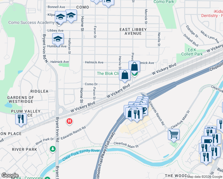 map of restaurants, bars, coffee shops, grocery stores, and more near 5428 Chariot Drive in Fort Worth