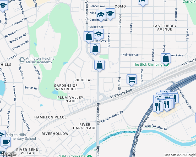 map of restaurants, bars, coffee shops, grocery stores, and more near 4949 Bryant Irvin Road North in Fort Worth
