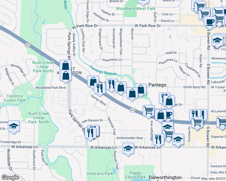 map of restaurants, bars, coffee shops, grocery stores, and more near 3605 Smith Barry Road in Pantego