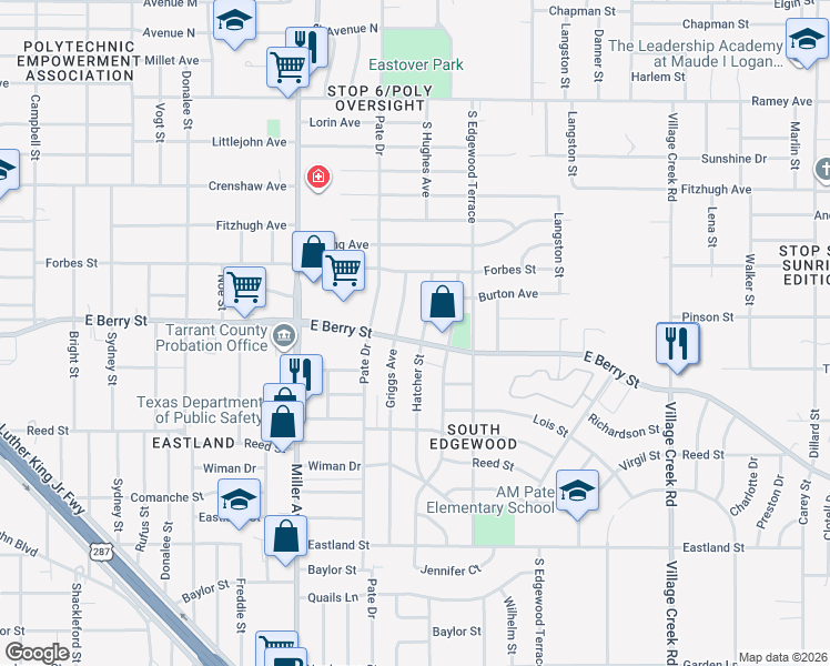 map of restaurants, bars, coffee shops, grocery stores, and more near 4333 East Berry Street in Fort Worth