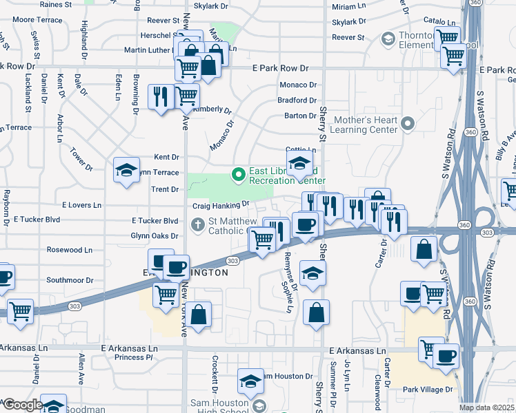 map of restaurants, bars, coffee shops, grocery stores, and more near 2018 Cedar Point Drive in Arlington