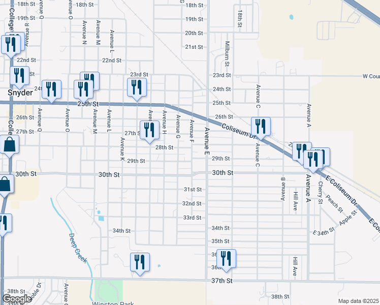 map of restaurants, bars, coffee shops, grocery stores, and more near 2801 Avenue F in Snyder