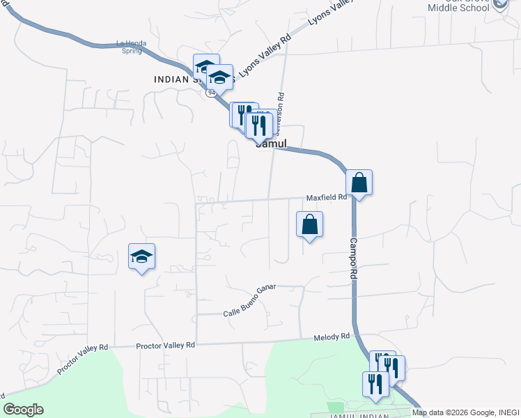 map of restaurants, bars, coffee shops, grocery stores, and more near 14095 Proctor Valley Road in Jamul
