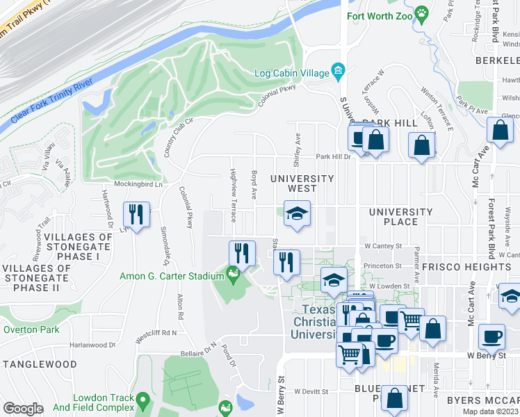 map of restaurants, bars, coffee shops, grocery stores, and more near 2601 Boyd Ave in Fort Worth