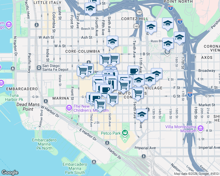 map of restaurants, bars, coffee shops, grocery stores, and more near 6th Ave & F St in San Diego