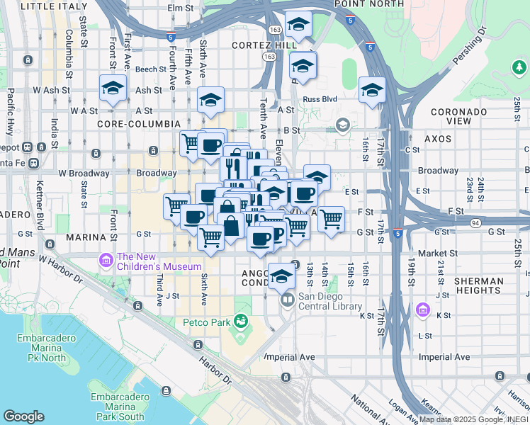 map of restaurants, bars, coffee shops, grocery stores, and more near F Street & 10th Avenue in San Diego