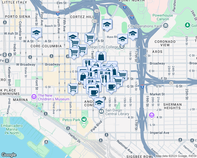 map of restaurants, bars, coffee shops, grocery stores, and more near F Street & 11th Avenue in San Diego