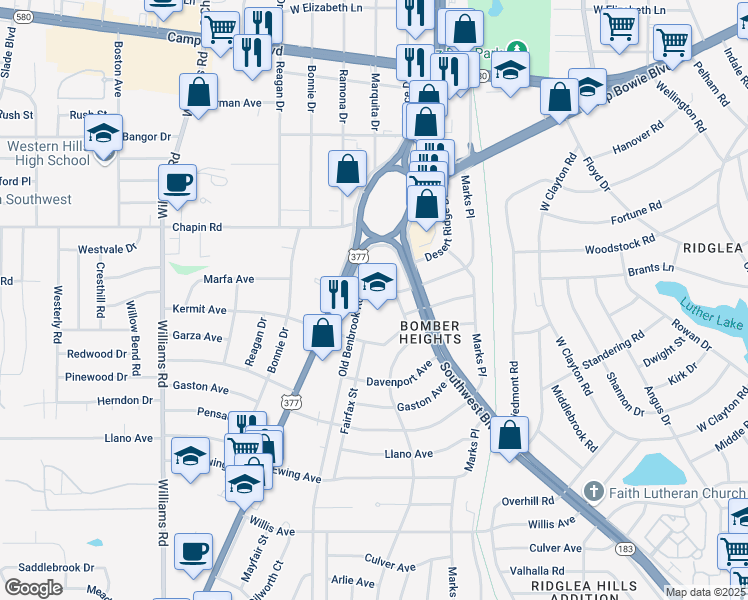 map of restaurants, bars, coffee shops, grocery stores, and more near 7325 Kermit Avenue in Fort Worth