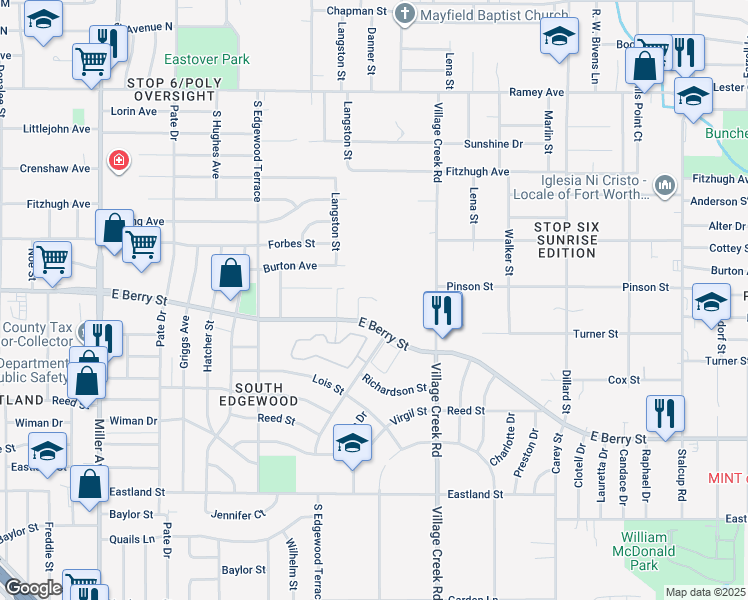 map of restaurants, bars, coffee shops, grocery stores, and more near 4711 East Berry Street in Fort Worth