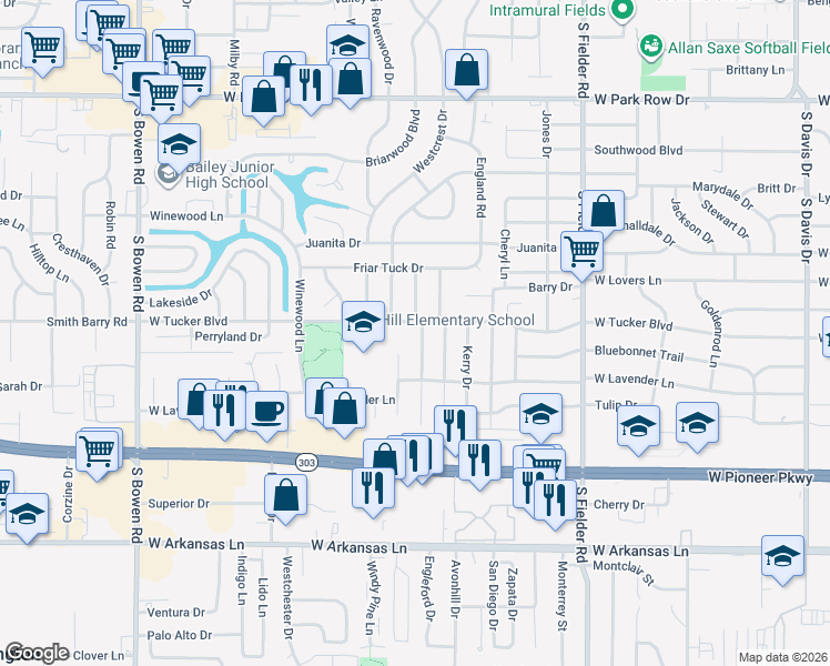 map of restaurants, bars, coffee shops, grocery stores, and more near 1904 Alan-A-Dale Road in Arlington