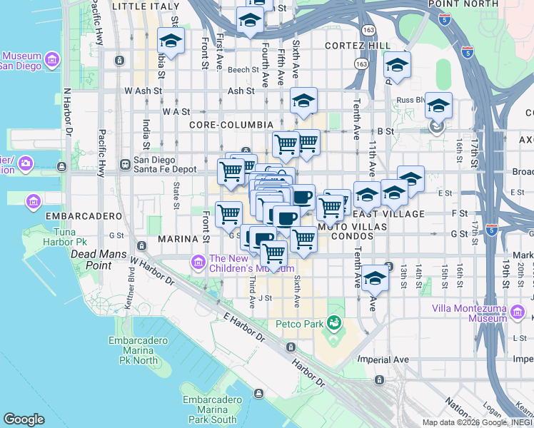 map of restaurants, bars, coffee shops, grocery stores, and more near 4th Avenue & F Street in San Diego