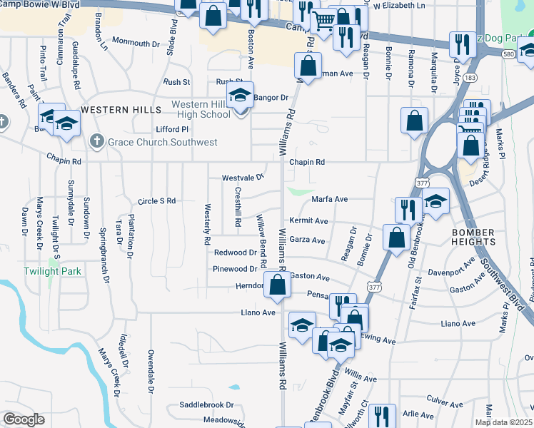 map of restaurants, bars, coffee shops, grocery stores, and more near 8009 Ferndale Drive in Benbrook